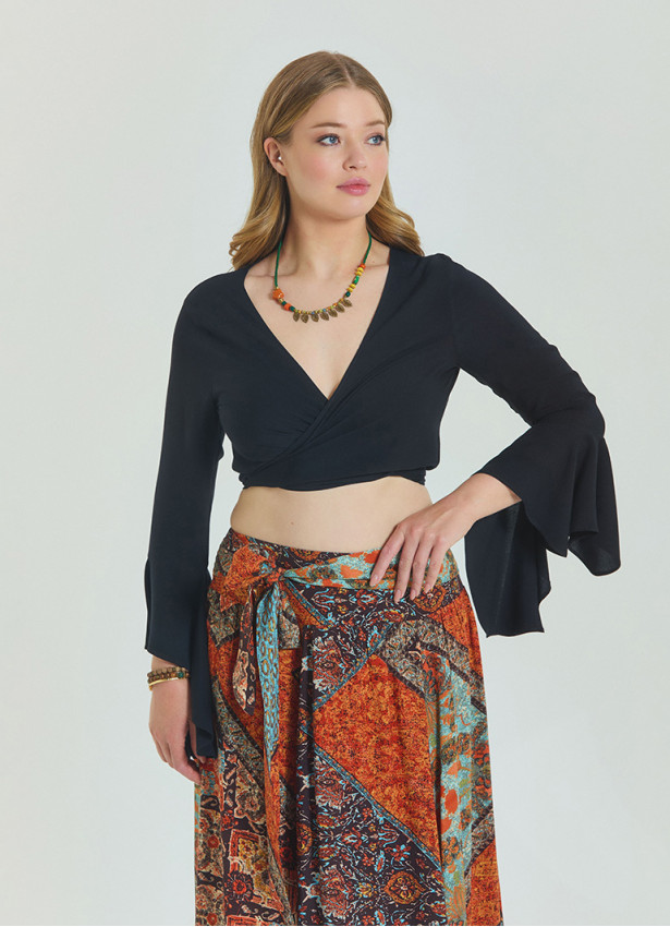 Tied Spanish Sleeve Black Plus Size Blouse 4623